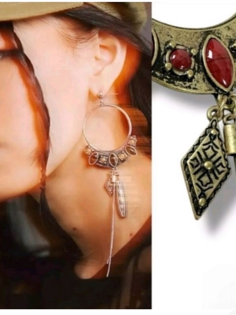 Free People Winona Hoops In Brass Red Jasper Boho Dangles
